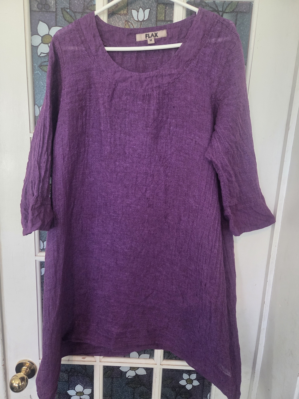Flax Purple Linen Scoop-Neck Tunic with Three-Quarter Sleeves